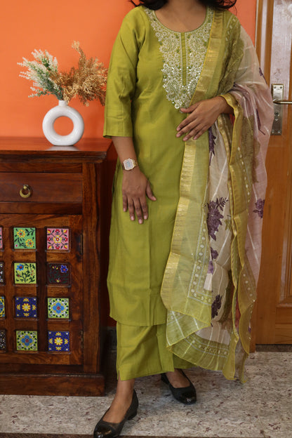 Olive Green Pure Cotton Straight Kurta Set