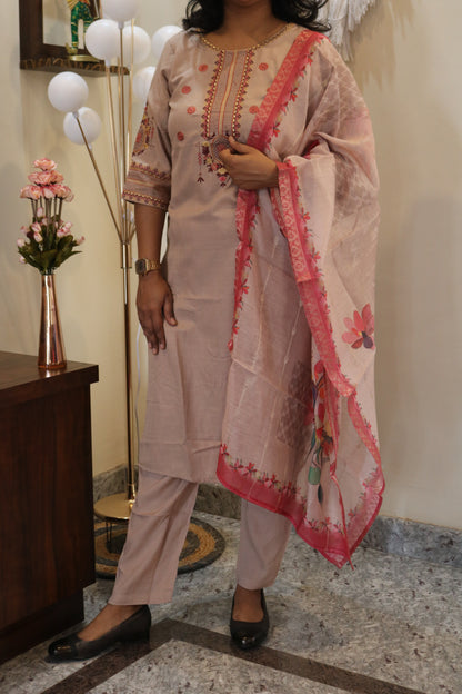 Beige Embroidered Rayon Kurta Set with Floral Printed Dupatta