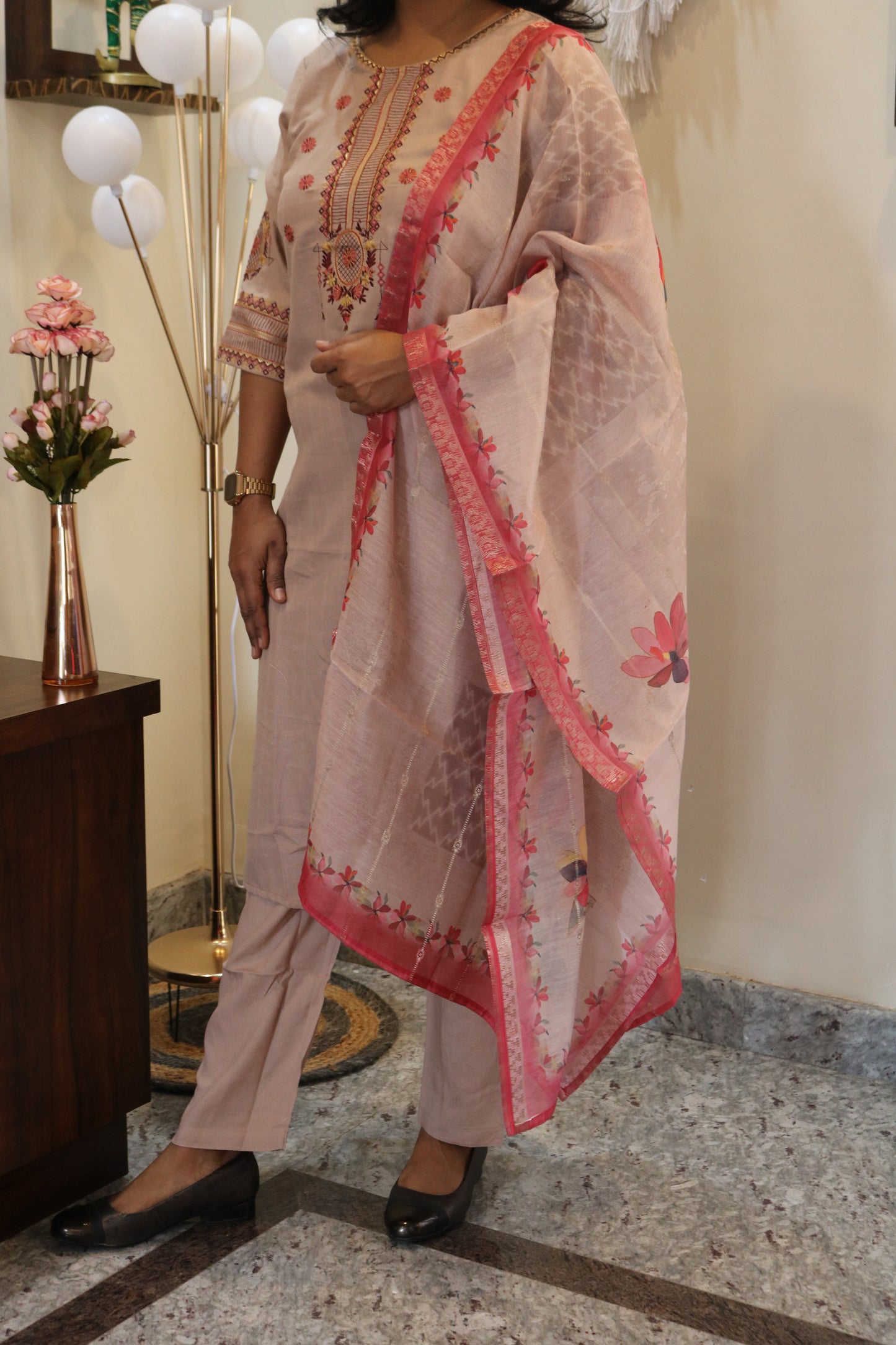 Beige Embroidered Rayon Kurta Set with Floral Printed Dupatta