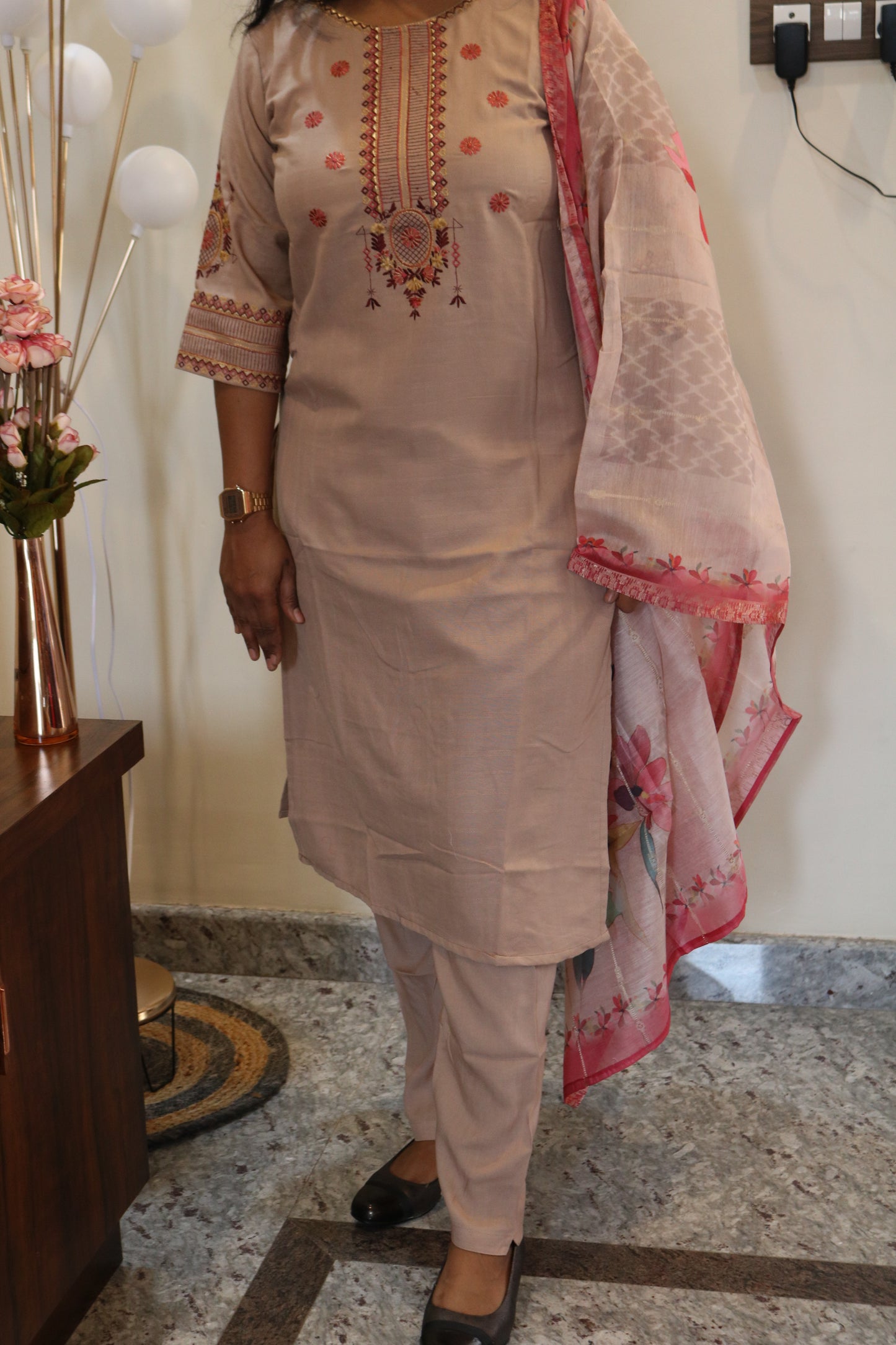 Beige Embroidered Rayon Kurta Set with Floral Printed Dupatta