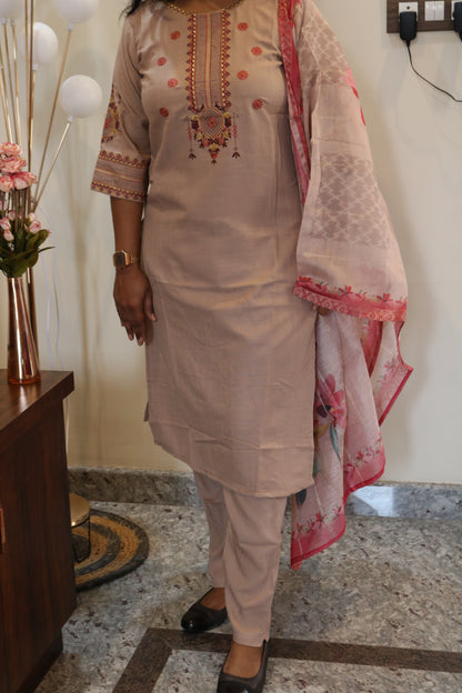 Beige Embroidered Rayon Kurta Set with Floral Printed Dupatta