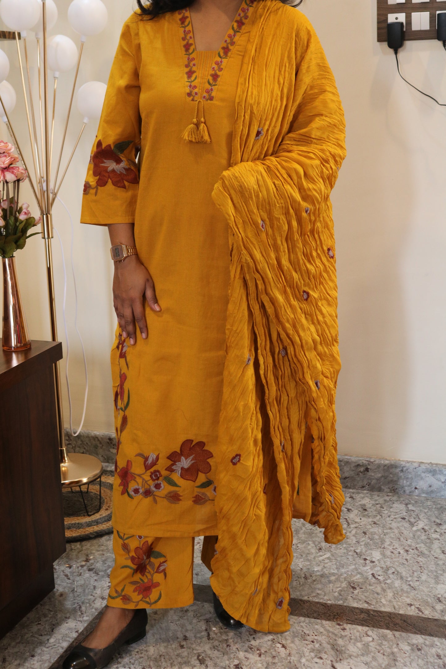 Mustard Yellow Hand-Embroidered Khadi Cotton Kurta Set