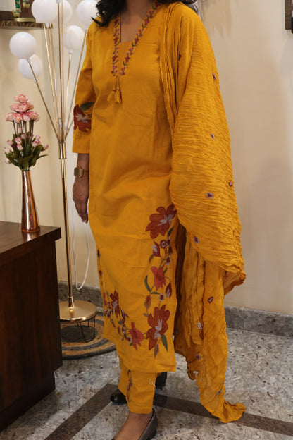 Mustard Yellow Hand-Embroidered Khadi Cotton Kurta Set