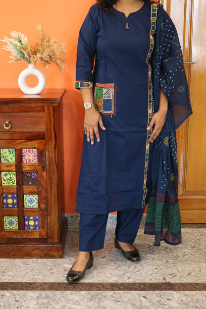 Navy Blue Embroidered Cotton Kurta Set with Multicolor Patch