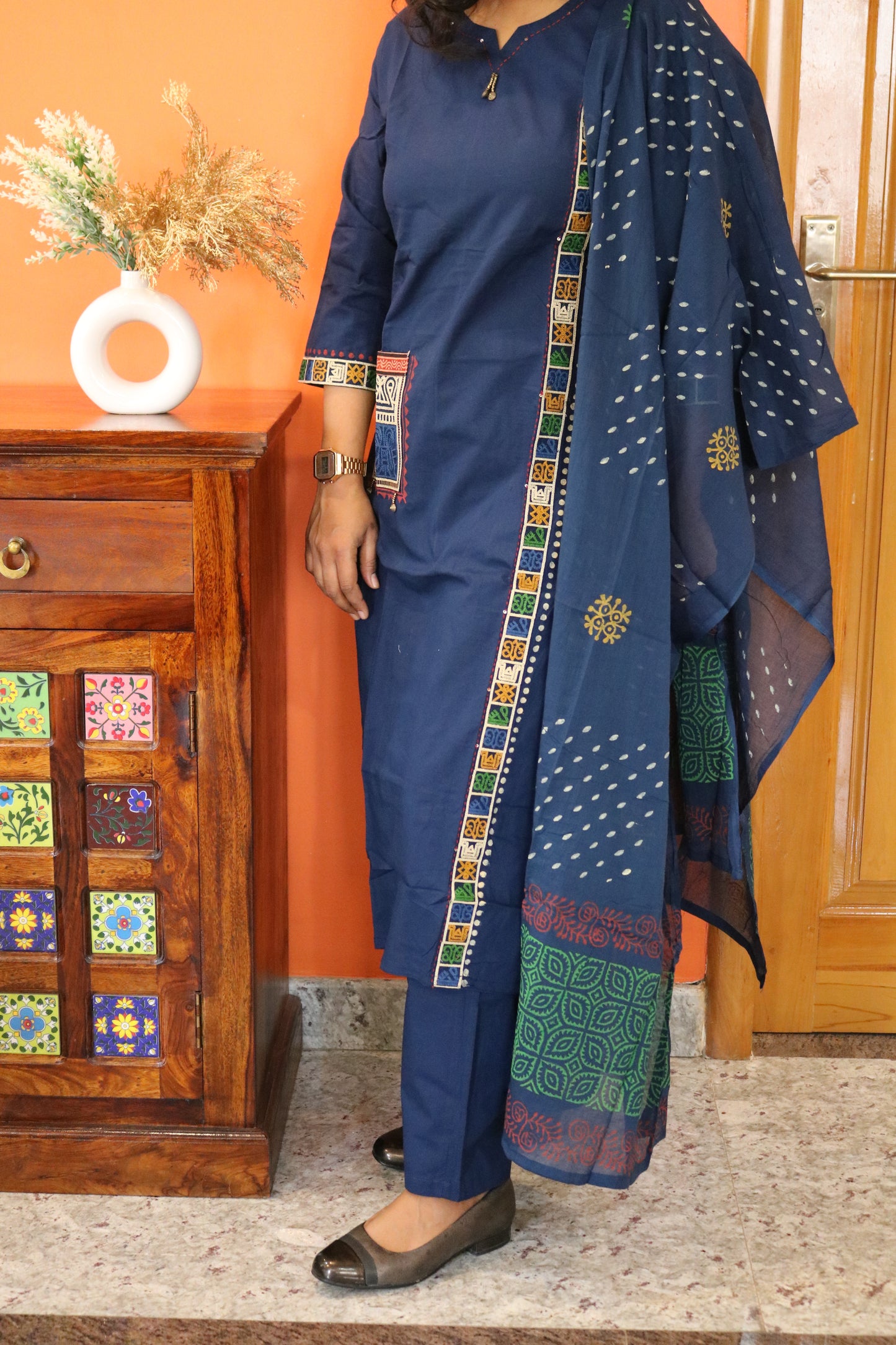 Navy Blue Embroidered Cotton Kurta Set with Multicolor Patch
