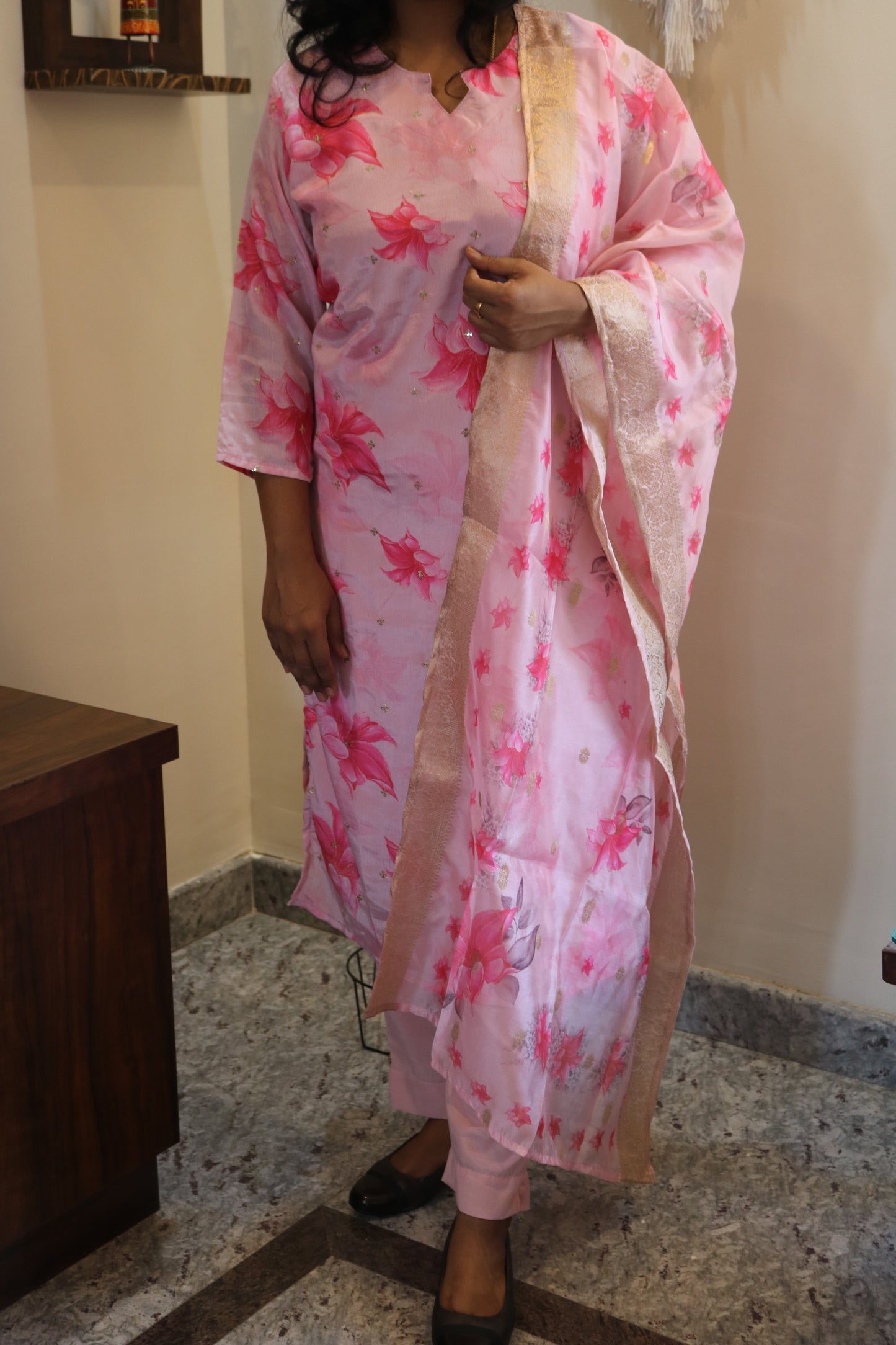 Pink Vichitra Floral Printed Kurta Pant Set with Dupatta