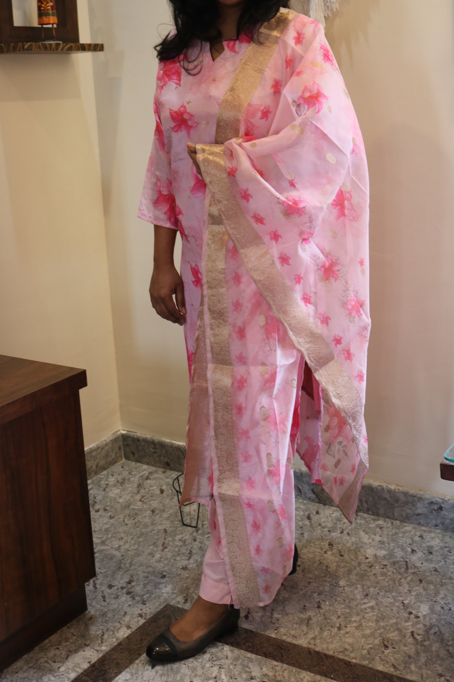 Pink Vichitra Floral Printed Kurta Pant Set with Dupatta