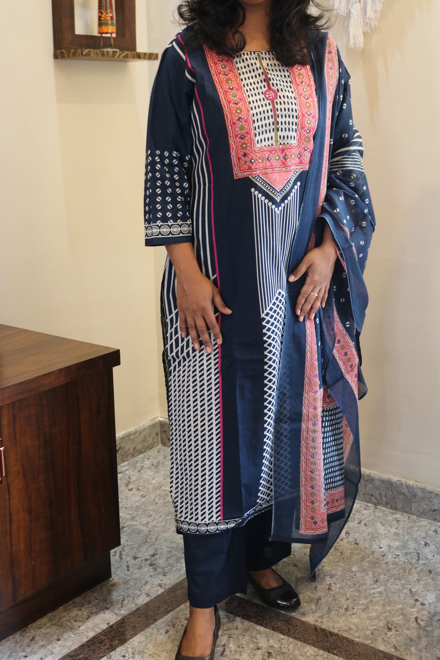 Navy Blue Embroidered Jaipur Cotton Kurta Set