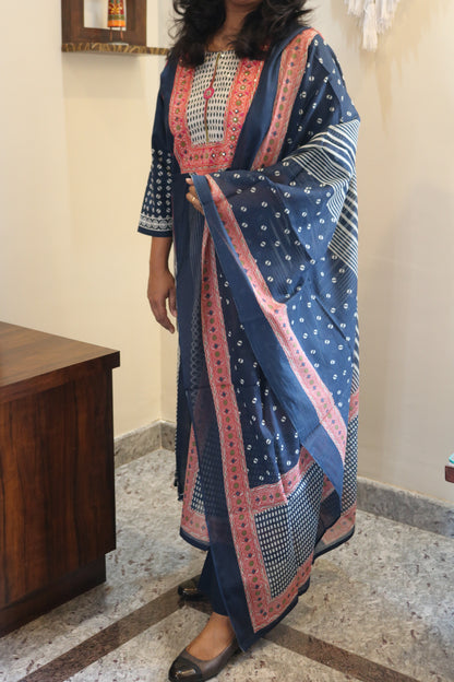 Navy Blue Embroidered Jaipur Cotton Kurta Set