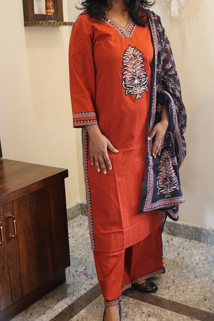 Rust Orange Embroidered Kurta Set