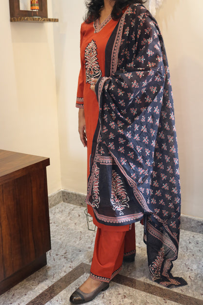 Rust Orange Embroidered Kurta Set