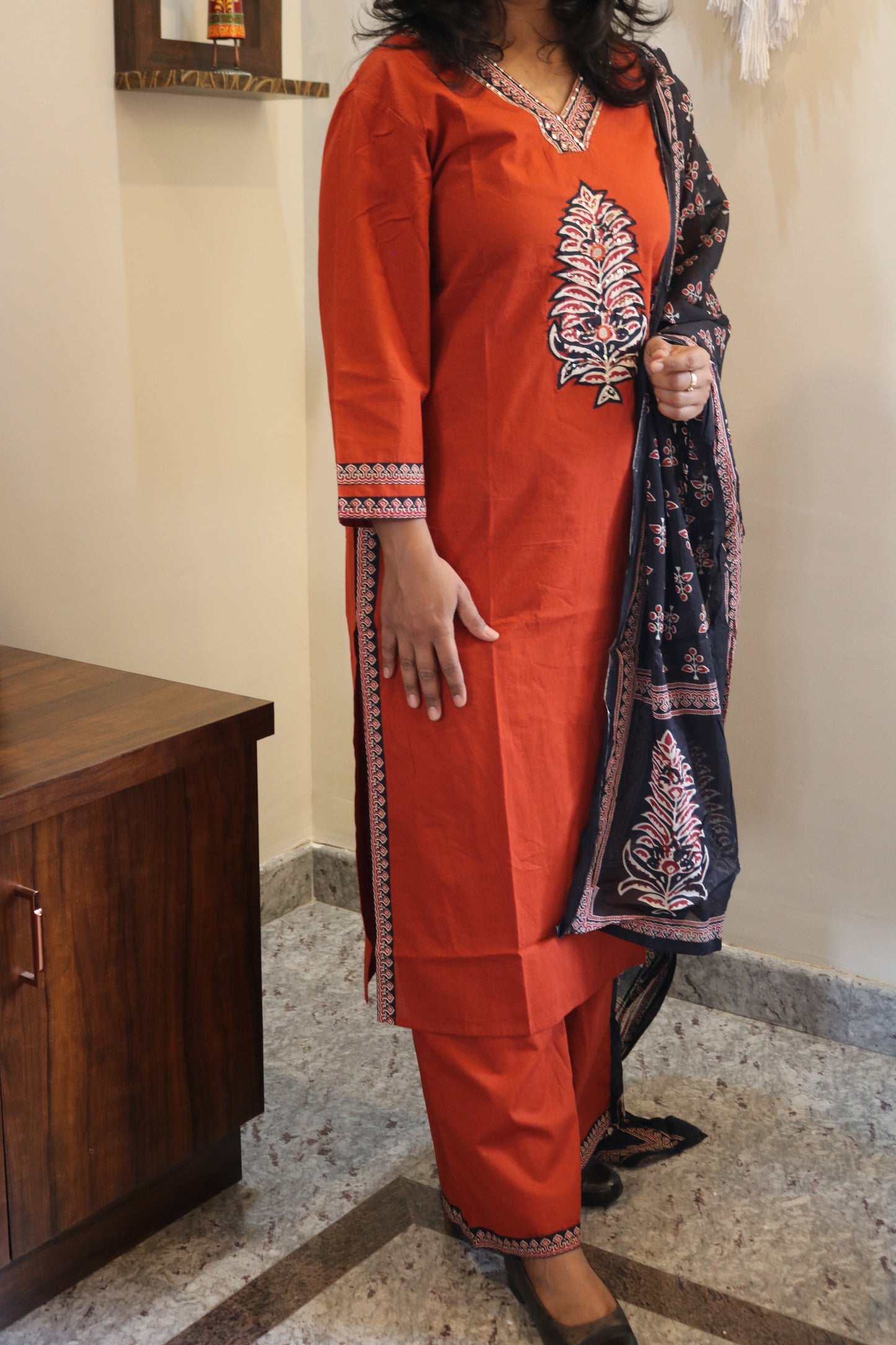 Rust Orange Embroidered Kurta Set