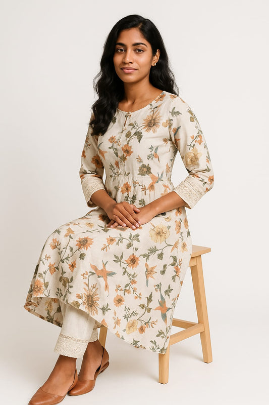 White Floral Kurtha Set