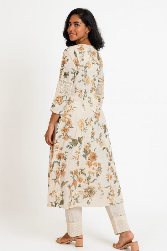 White Floral Kurtha Set