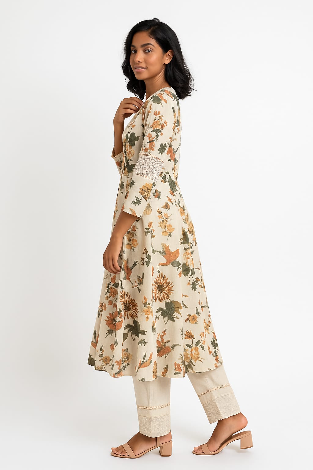 White Floral Kurtha Set