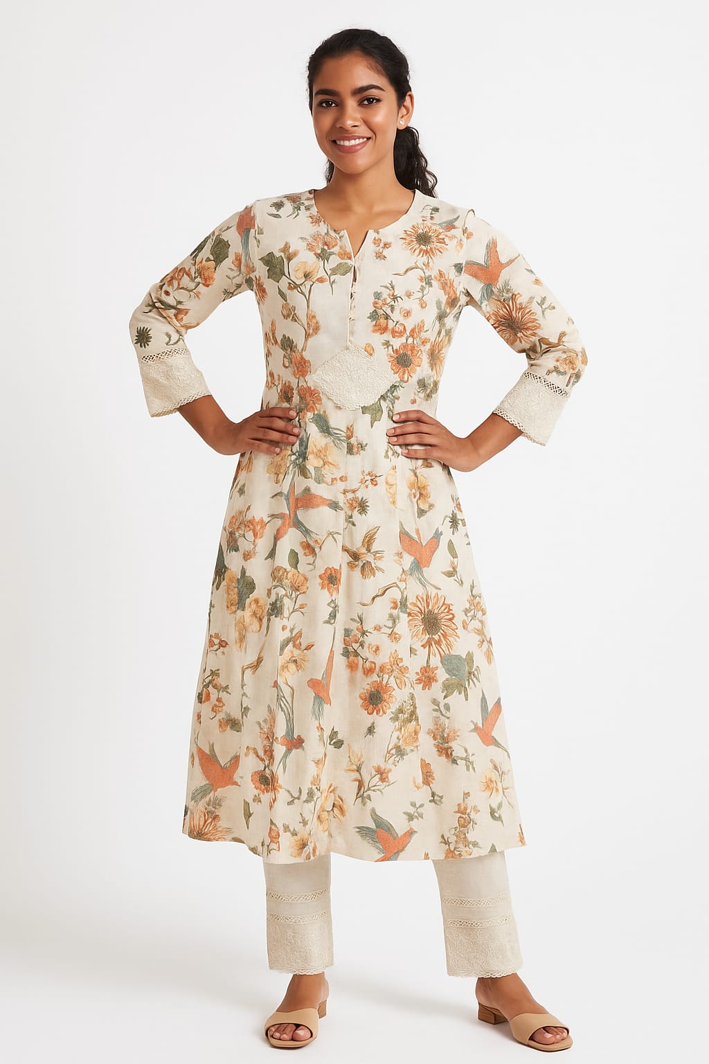 White Floral Kurtha Set